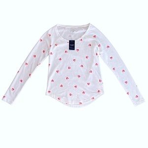 NEW Women’s LUCKY BRAND White Long Sleeve Henley Shirt w/ Hearts Print SMALL